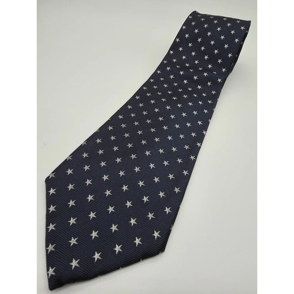 Lands' End Hand Sewn Vintage 100% Silk Neck Tie Blue Silver Stars 58
